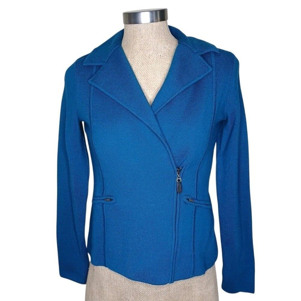Talbots Sweater Women's Petite PS 100% Merino Wool Moto Zip Teal Blue Blazer